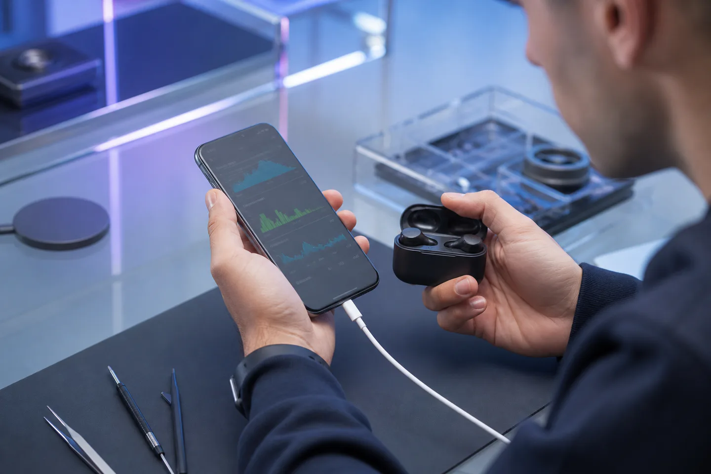 Kontrola baterie telefonu a bezdrátových sluchátek