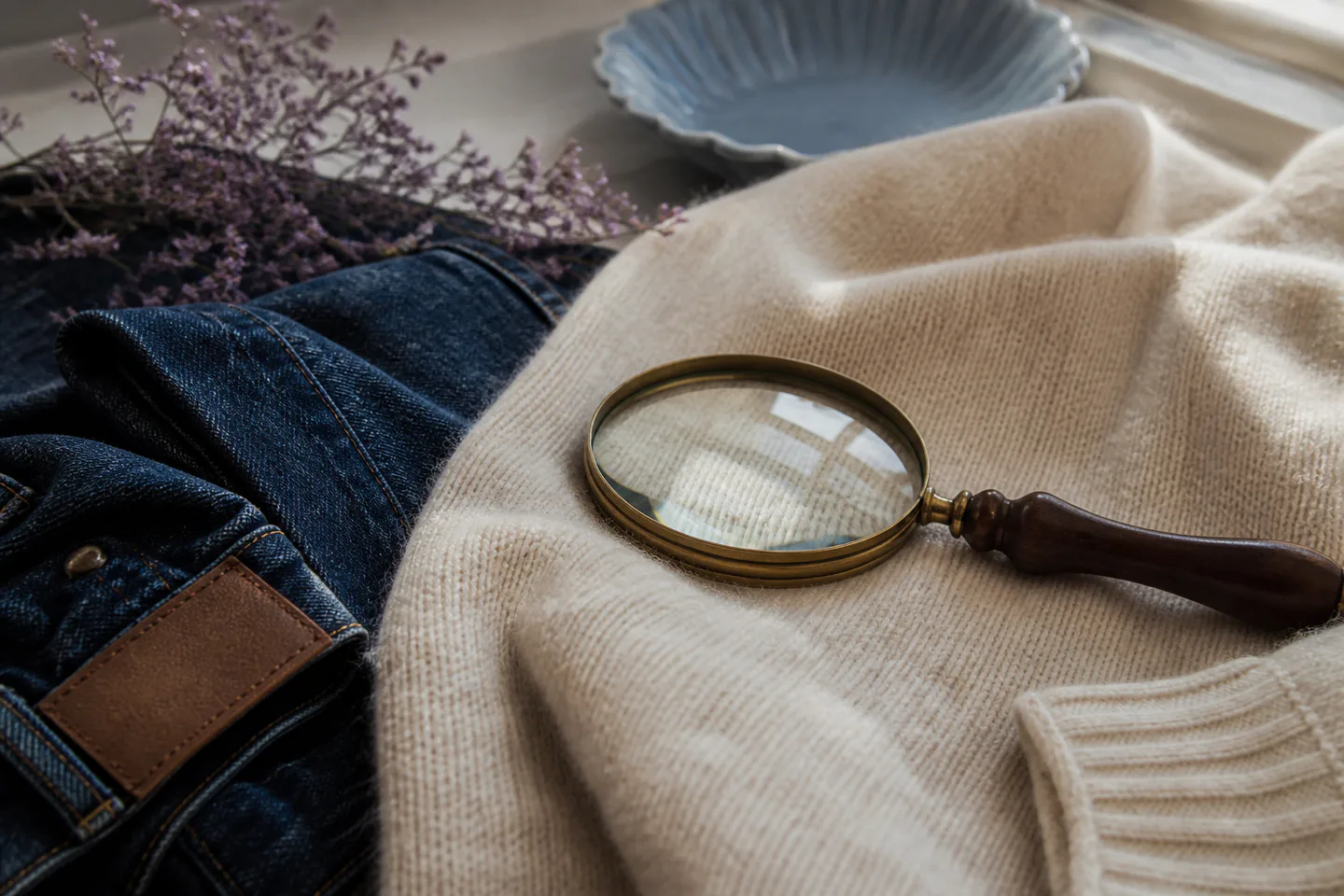 Detail vlny a denimu v měkkém podzimním světle