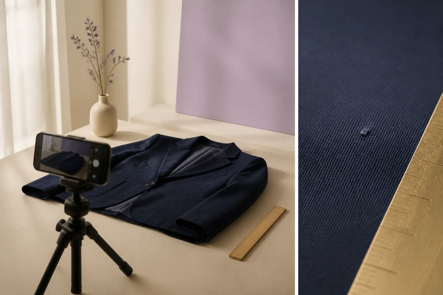 Fotografování drobné vady saka v detailu a celkovém kontextu